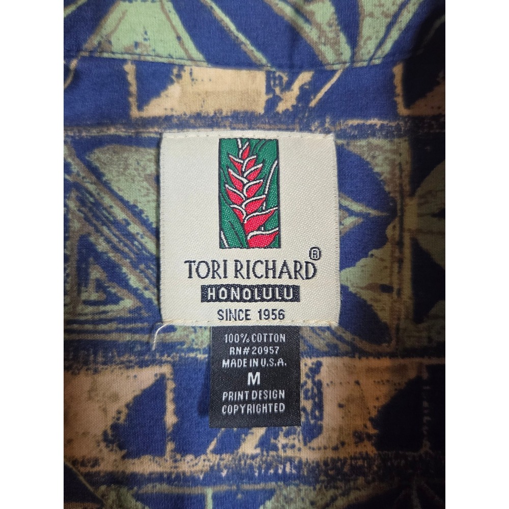 Tori Richard Honolulu Mens Medium Blue Green Tribal Geometric Cotton Aloha Shirt - Picture 7 of 9